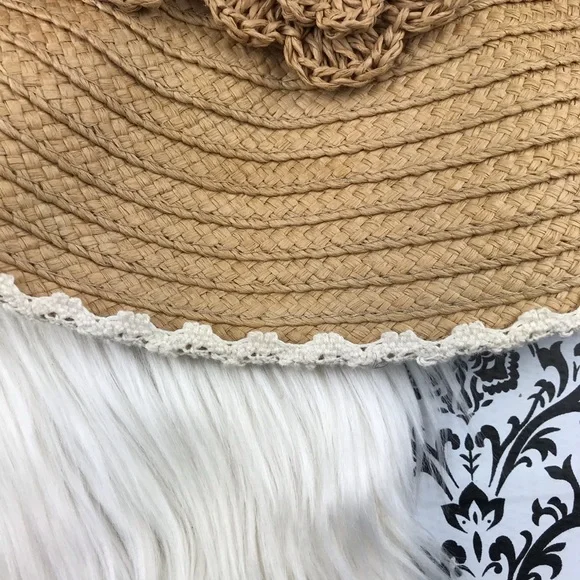 NWT Capelli New York : size : OS : Tan Woven floral floppy beach summer sun hat - Picture 4 of 8